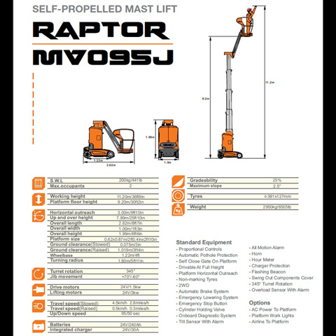 VERTICAL MANLIFT 9.2M SELF PROPELLED (RAPTOR) - code:100090